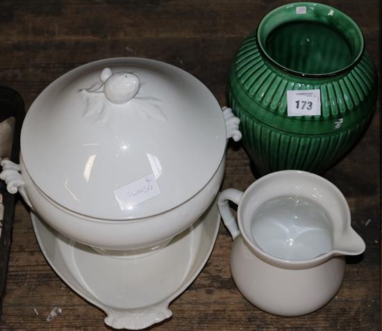 3 pieces creamware & green vase